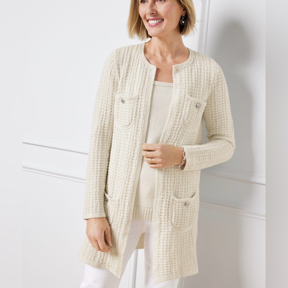 TALBOTS Old Money TEXTURED KNIT METALLIC COATIGAN size MP